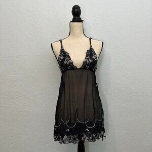 Victoria’s Secret mesh black floral embroidered lace chemise babydoll slip dress